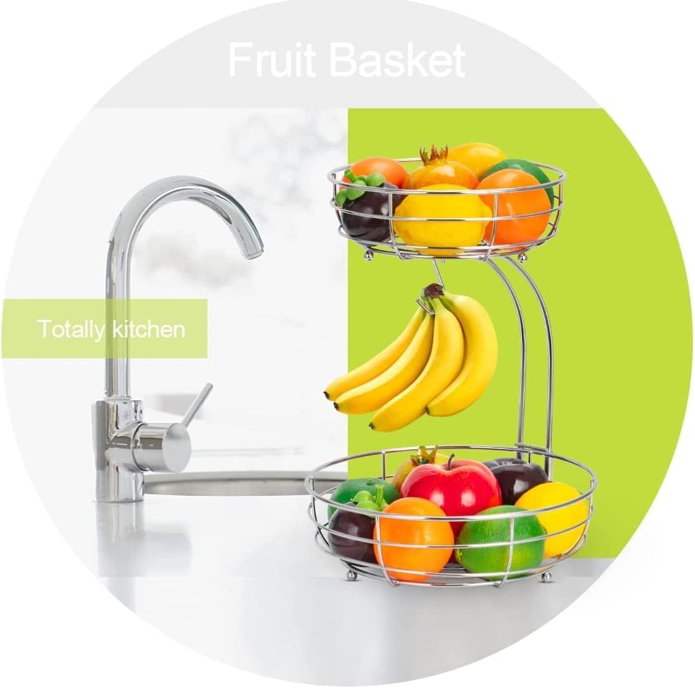 2-Tier Detachable Fruit Basket with Banana Hanger, Metal Wire Storage Holder for Fruits, Vegetables, Bread & Snacks - Image 6