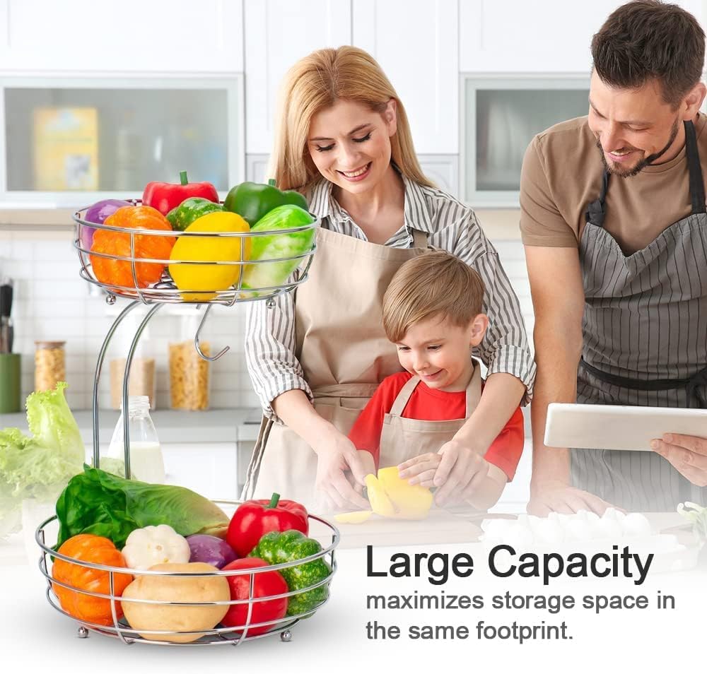2-Tier Detachable Fruit Basket with Banana Hanger, Metal Wire Storage Holder for Fruits, Vegetables, Bread & Snacks - Image 4