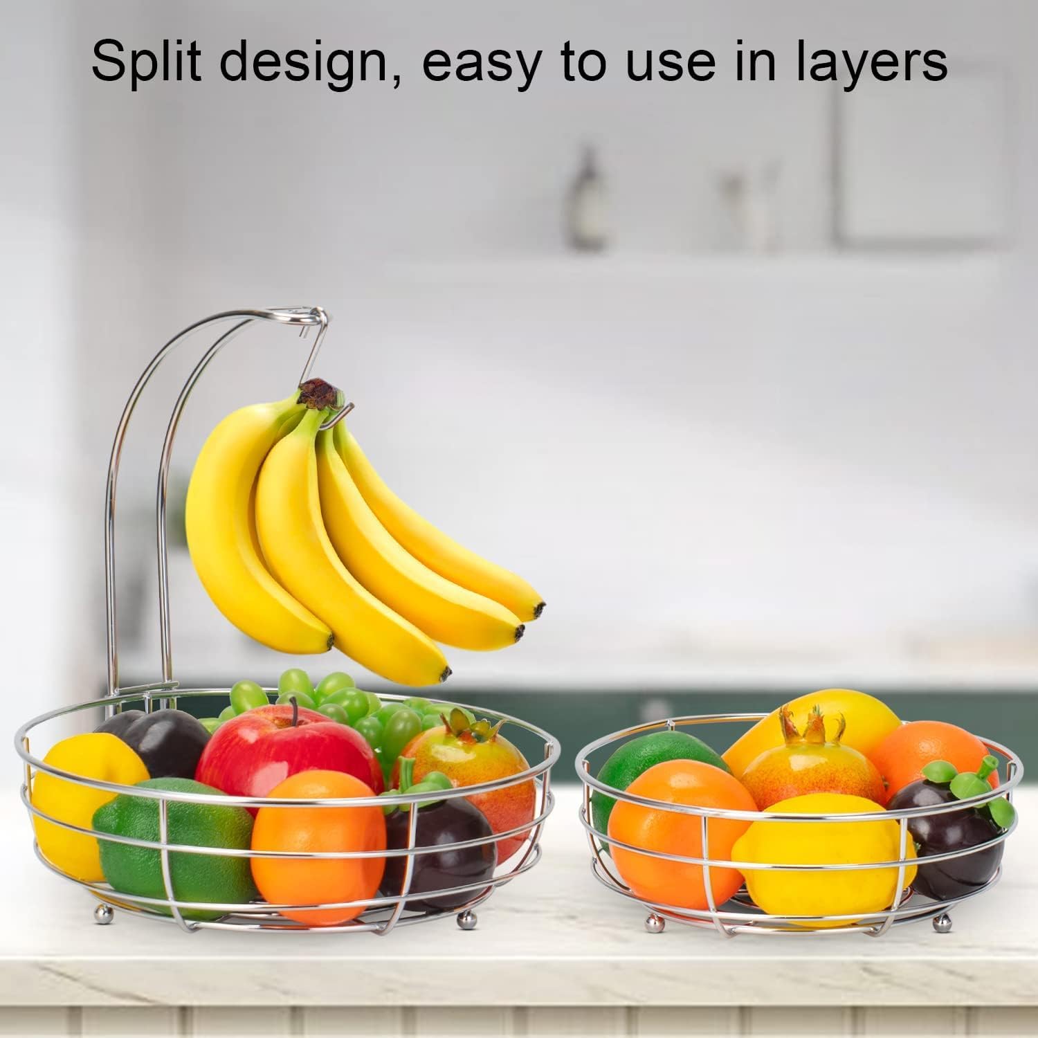 2-Tier Detachable Fruit Basket with Banana Hanger, Metal Wire Storage Holder for Fruits, Vegetables, Bread & Snacks - Image 2