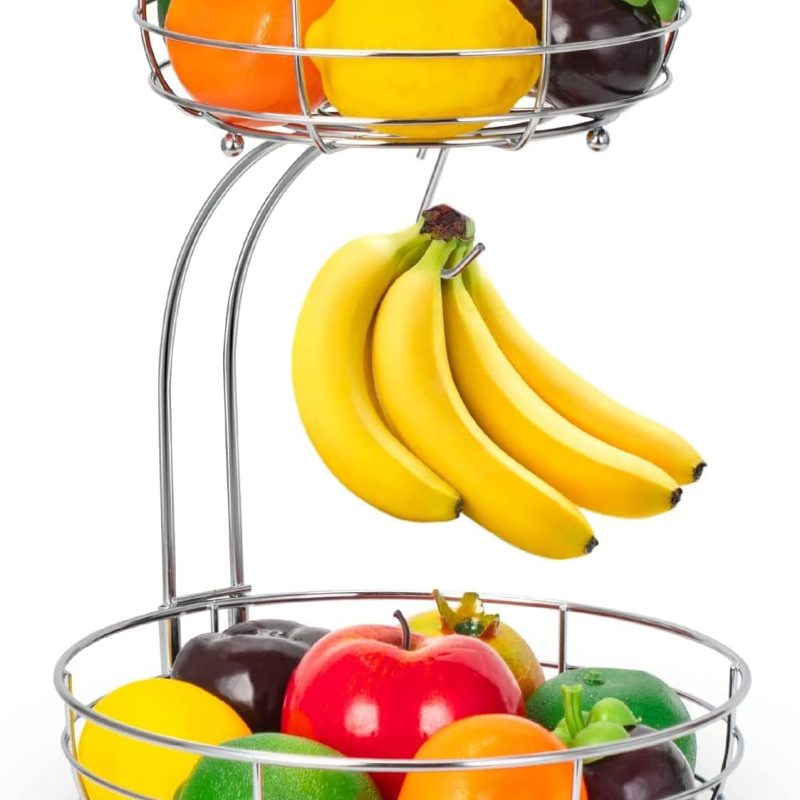 2-Tier Detachable Fruit Basket with Banana Hanger, Metal Wire Storage Holder for Fruits, Vegetables, Bread & Snacks