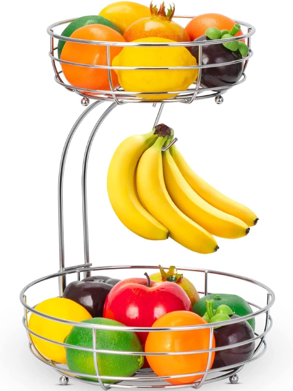 2-Tier Detachable Fruit Basket with Banana Hanger, Metal Wire Storage Holder for Fruits, Vegetables, Bread & Snacks