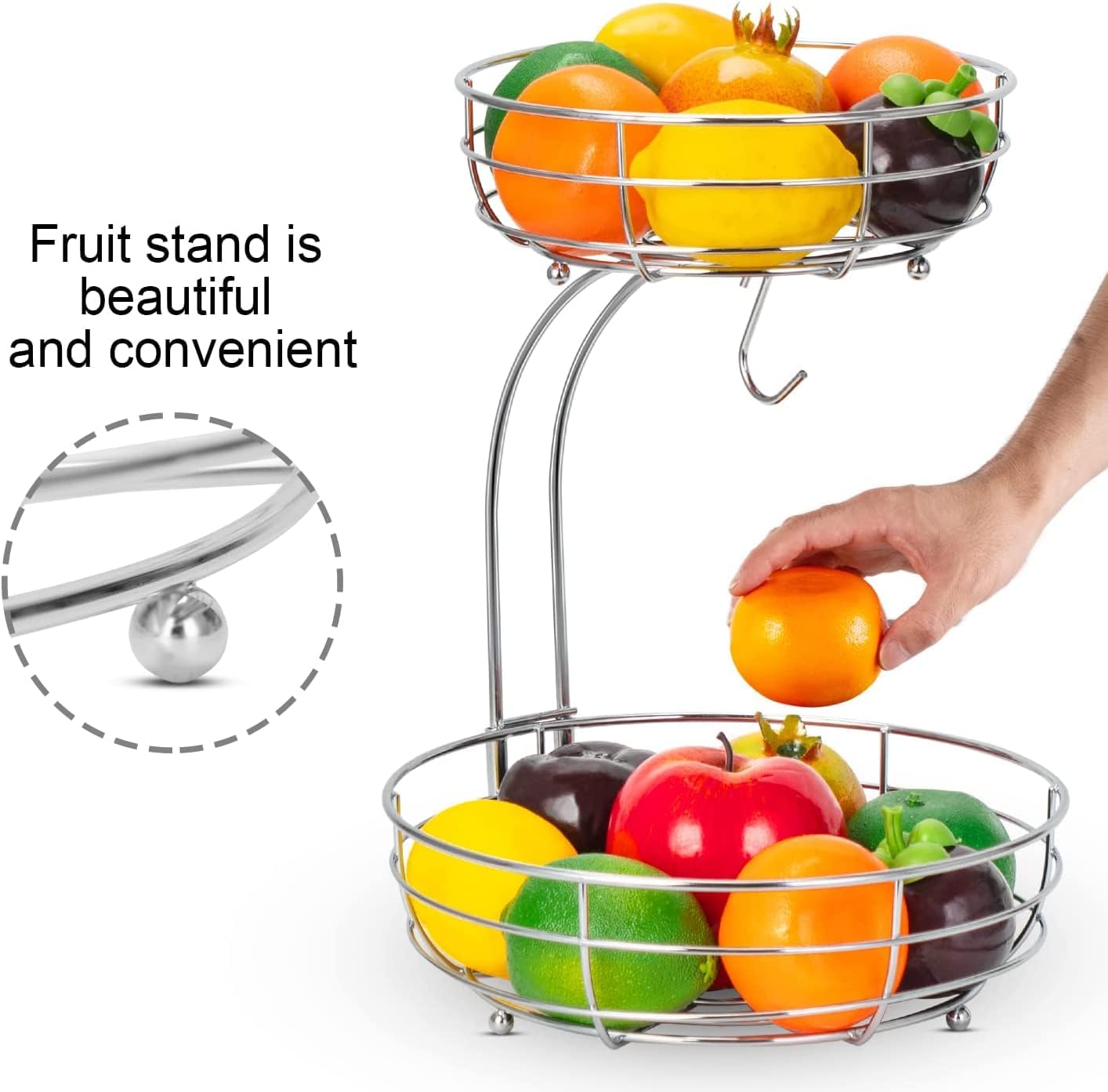 2-Tier Detachable Fruit Basket with Banana Hanger, Metal Wire Storage Holder for Fruits, Vegetables, Bread & Snacks - Image 3