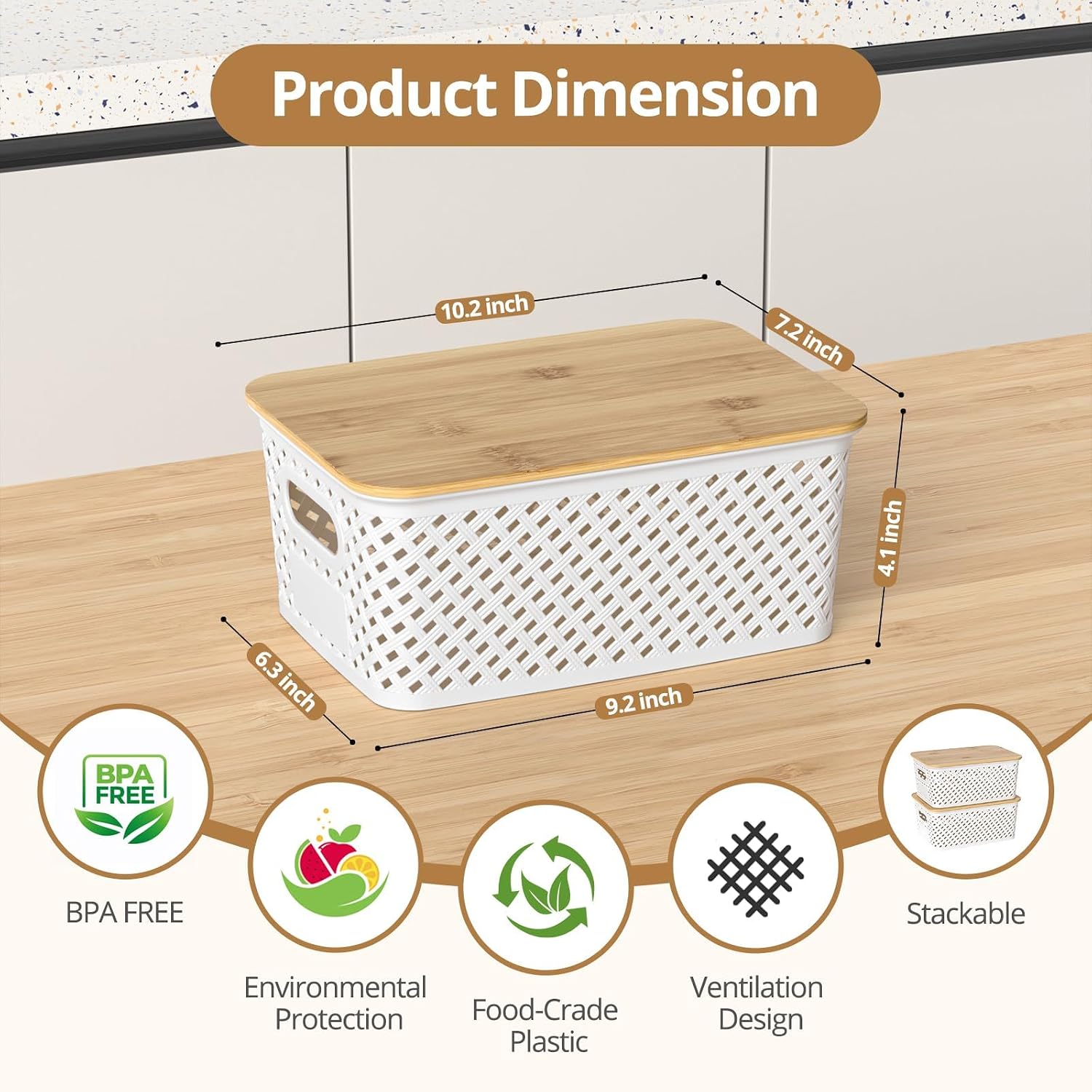 Stackable Plastic Storage Baskets with Bamboo Lid, 6-Pack, White - Image 3