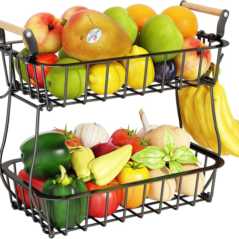 2-Tier Fruit Basket with 2 Banana Hangers, Metal Wire Storage Stand for Fruits, Bread, Snacks & Veggies, Black
