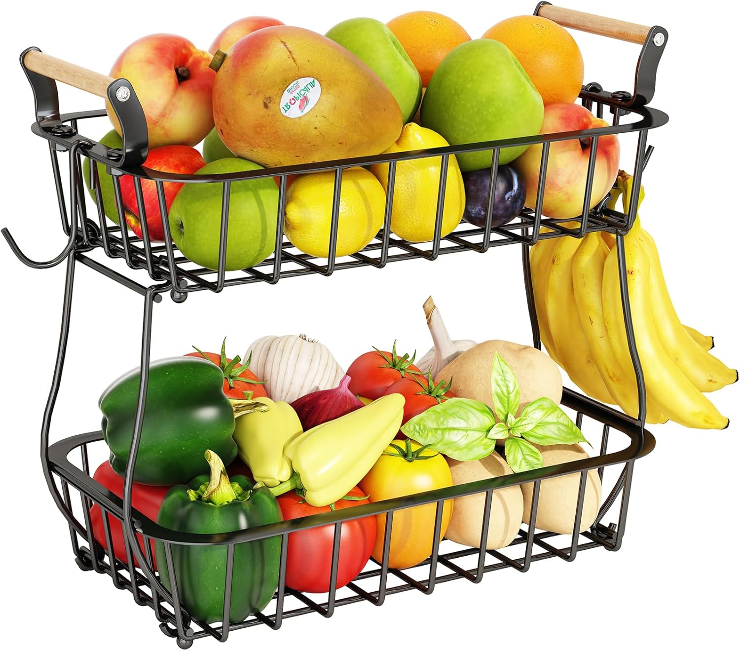 2-Tier Fruit Basket with 2 Banana Hangers, Metal Wire Storage Stand for Fruits, Bread, Snacks & Veggies, Black