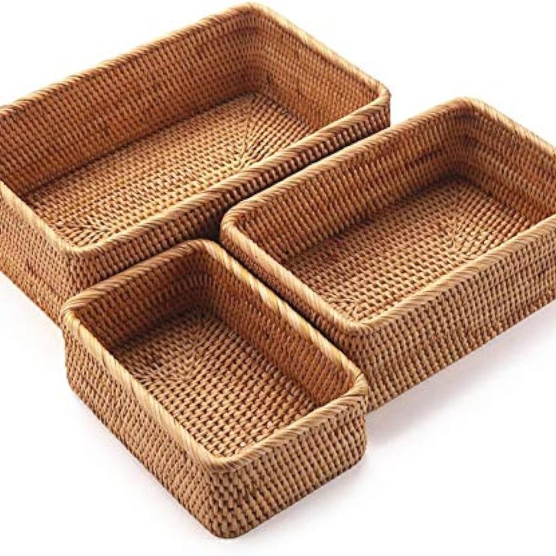 Natural Woven Rectangular Rattan Storage Baskets for Shelf (Set of 3)
