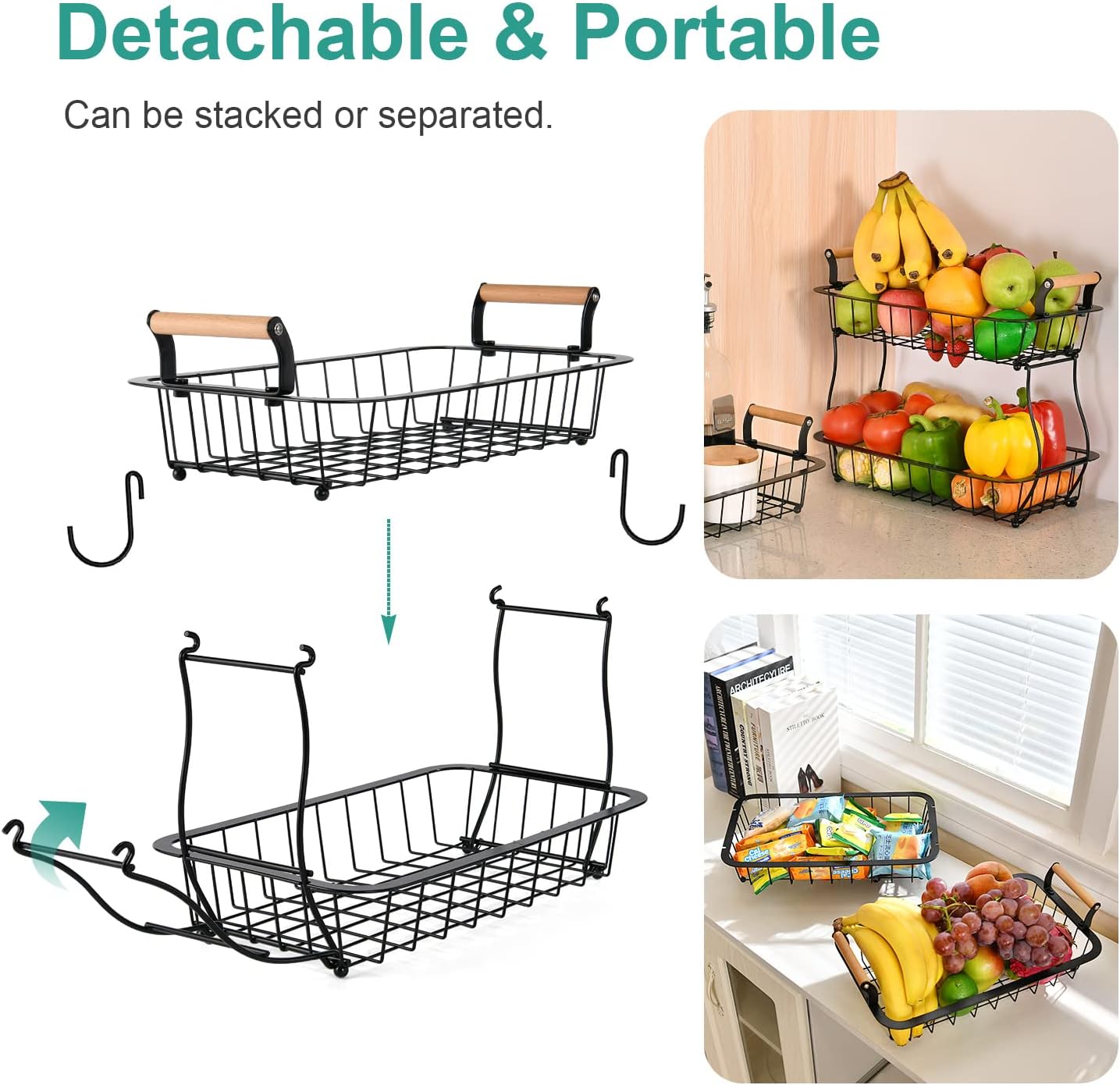 2-Tier Fruit Basket with 2 Banana Hangers, Metal Wire Storage Stand for Fruits, Bread, Snacks & Veggies, Black - Image 3