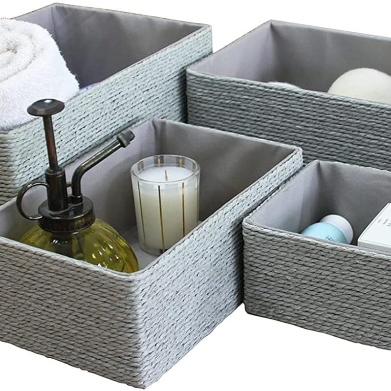 Woven Paper Storage Baskets Set of 4 - Grey Storage Bins for Makeup, Closet, Bathroom, Bedroom, Living Room