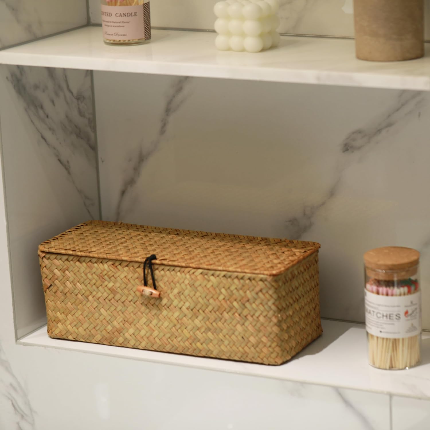 Small Woven Storage Basket with Lid, Rectangular with Sections for Organizing Snacks, Toys, Tampons - Image 9