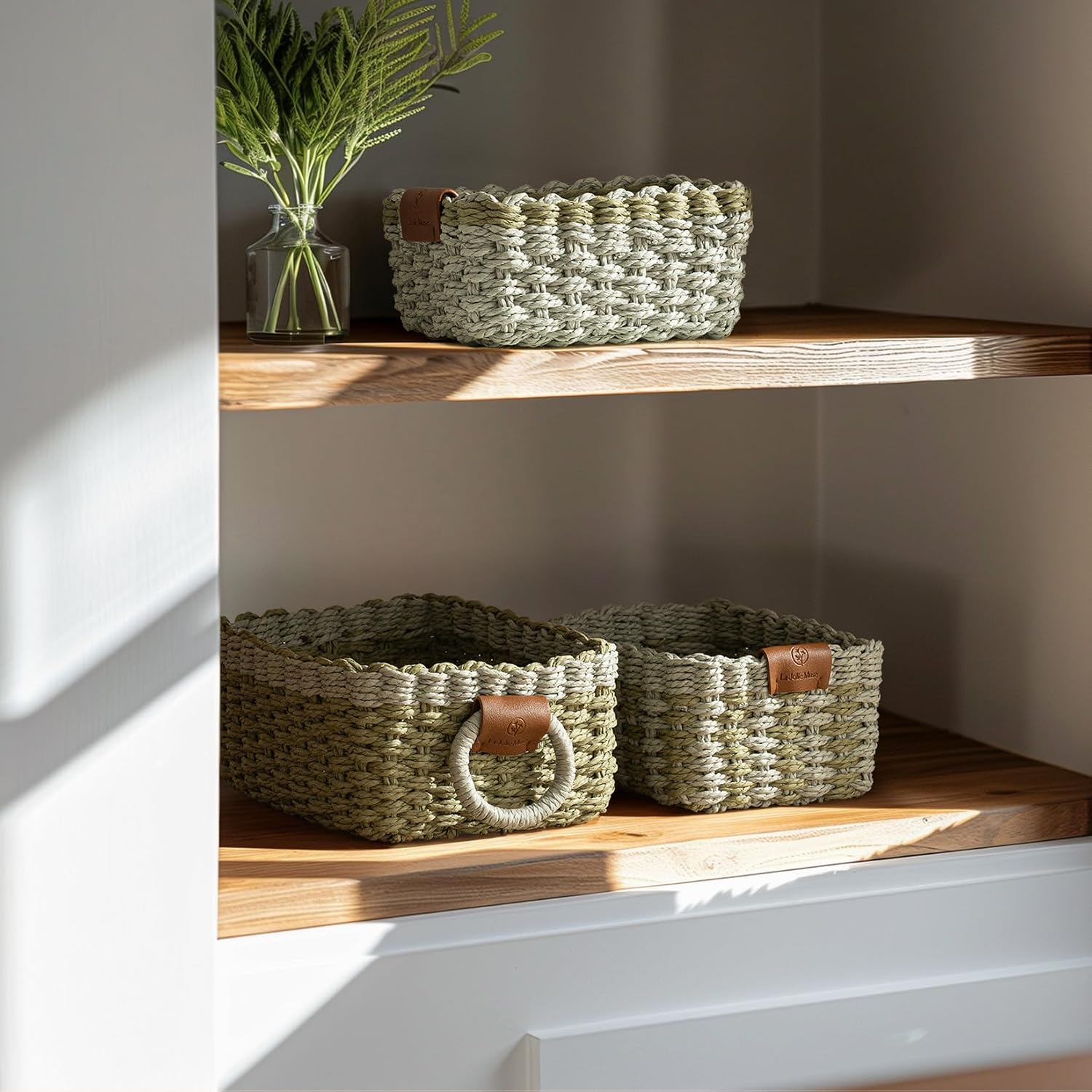 Small Wicker Baskets for Organizing, Recycled Paper Rope Storage Basket Set of 3, Sage and Light Green - Image 4