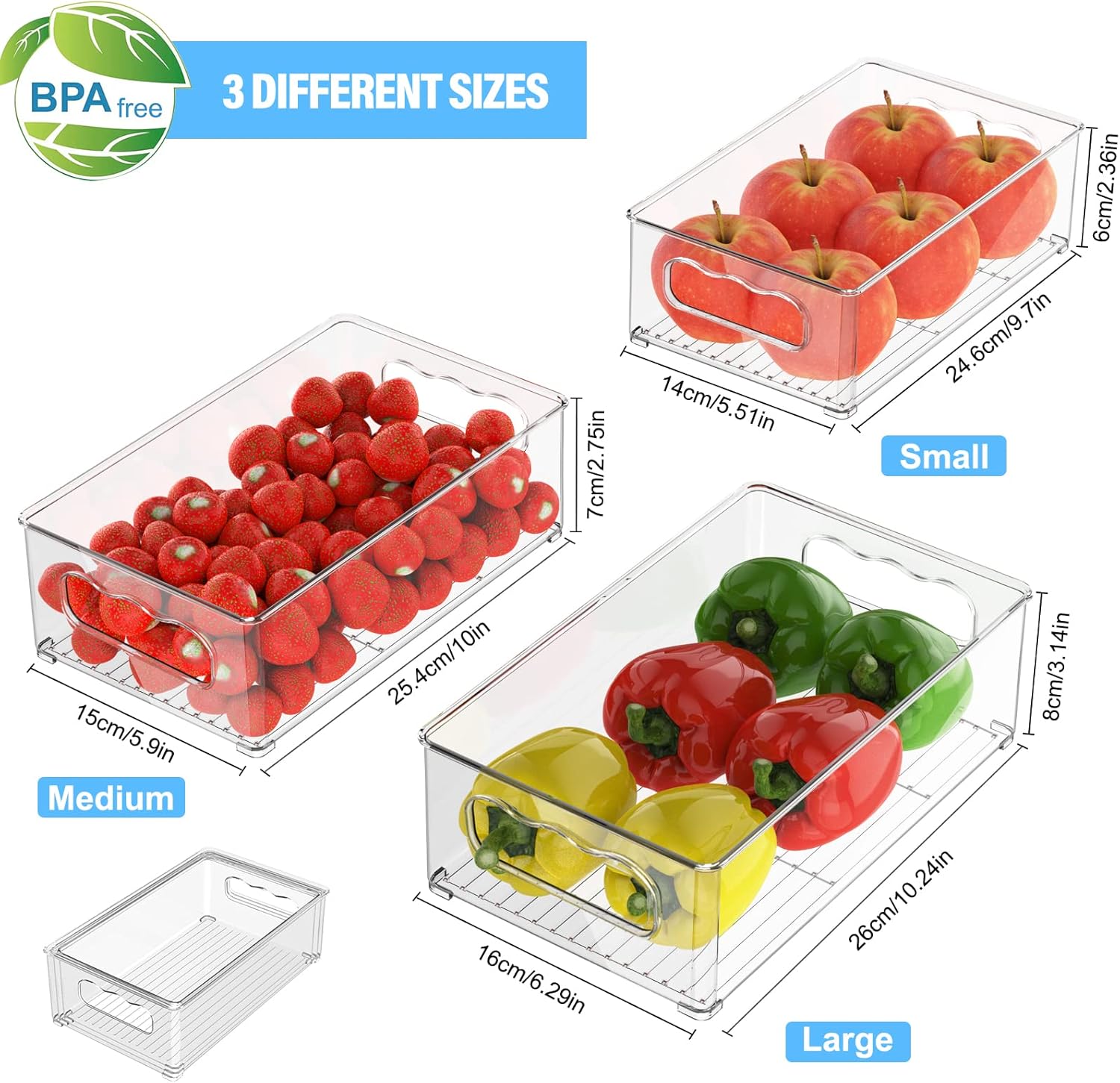 Fridge Storage Organiser, 6 Pack (3 Sizes), Stackable for Pantry, Freezer, Cabinet, Drawer - Image 2