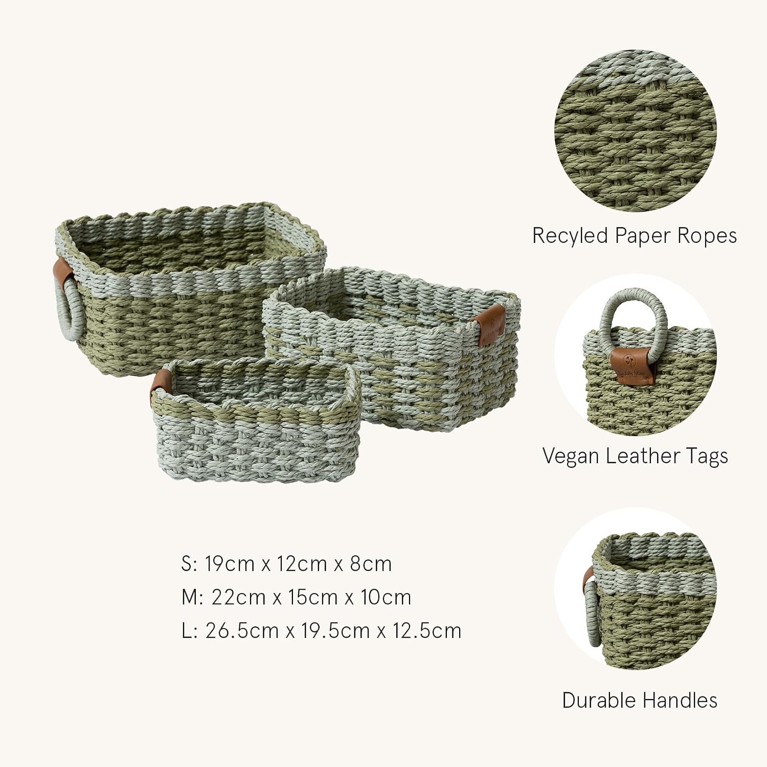 Small Wicker Baskets for Organizing, Recycled Paper Rope Storage Basket Set of 3, Sage and Light Green - Image 2