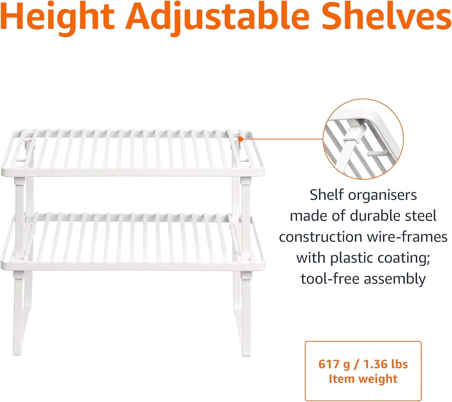 Stackable Kitchen Storage Shelves, Pack of 2, 20.3 x 31.6 x 11.4 cm, Metal, White - Image 4
