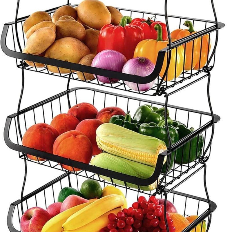 4-Tier Stackable Metal Wire Produce Basket Organizer on Wheels, Black