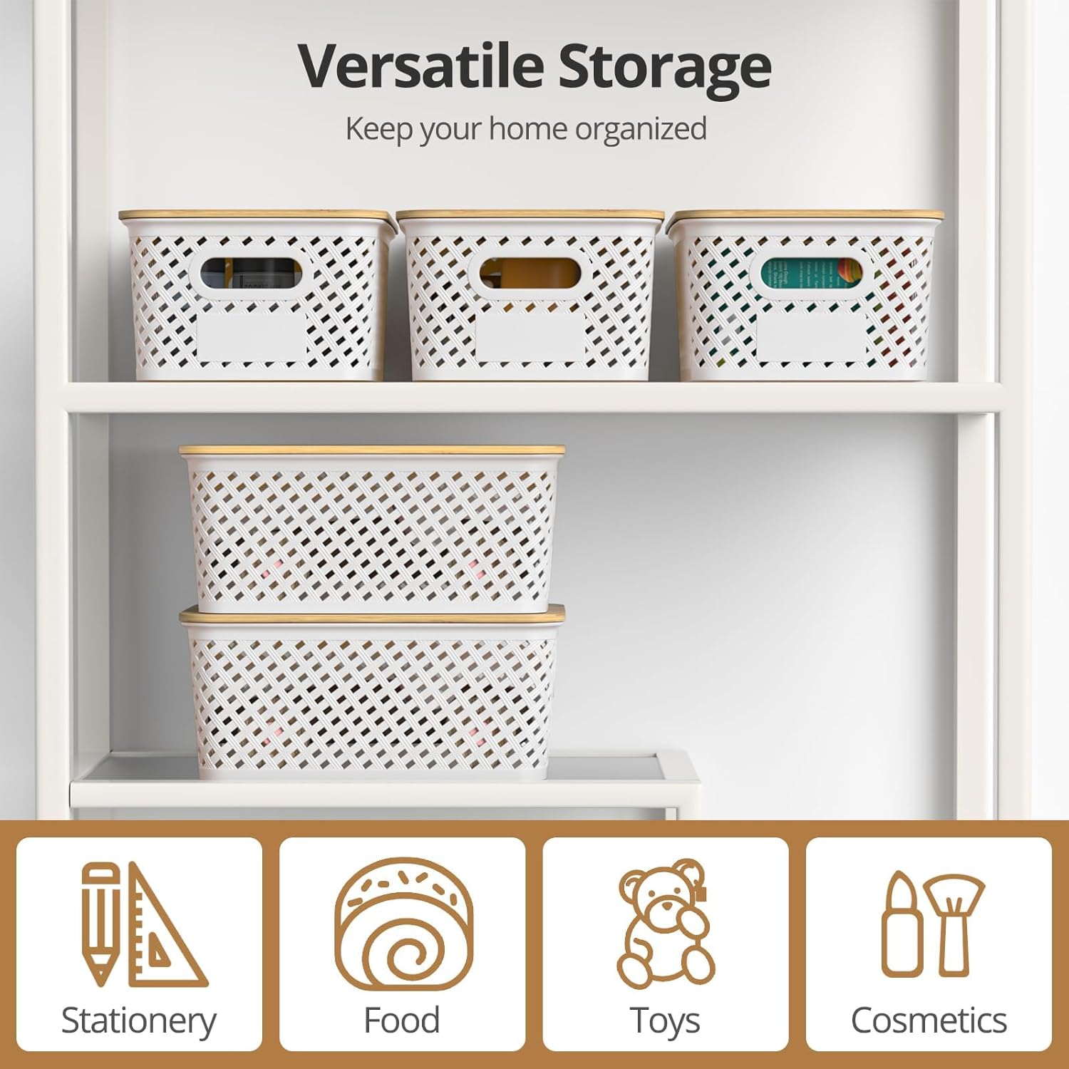 Stackable Plastic Storage Baskets with Bamboo Lid, 6-Pack, White - Image 7