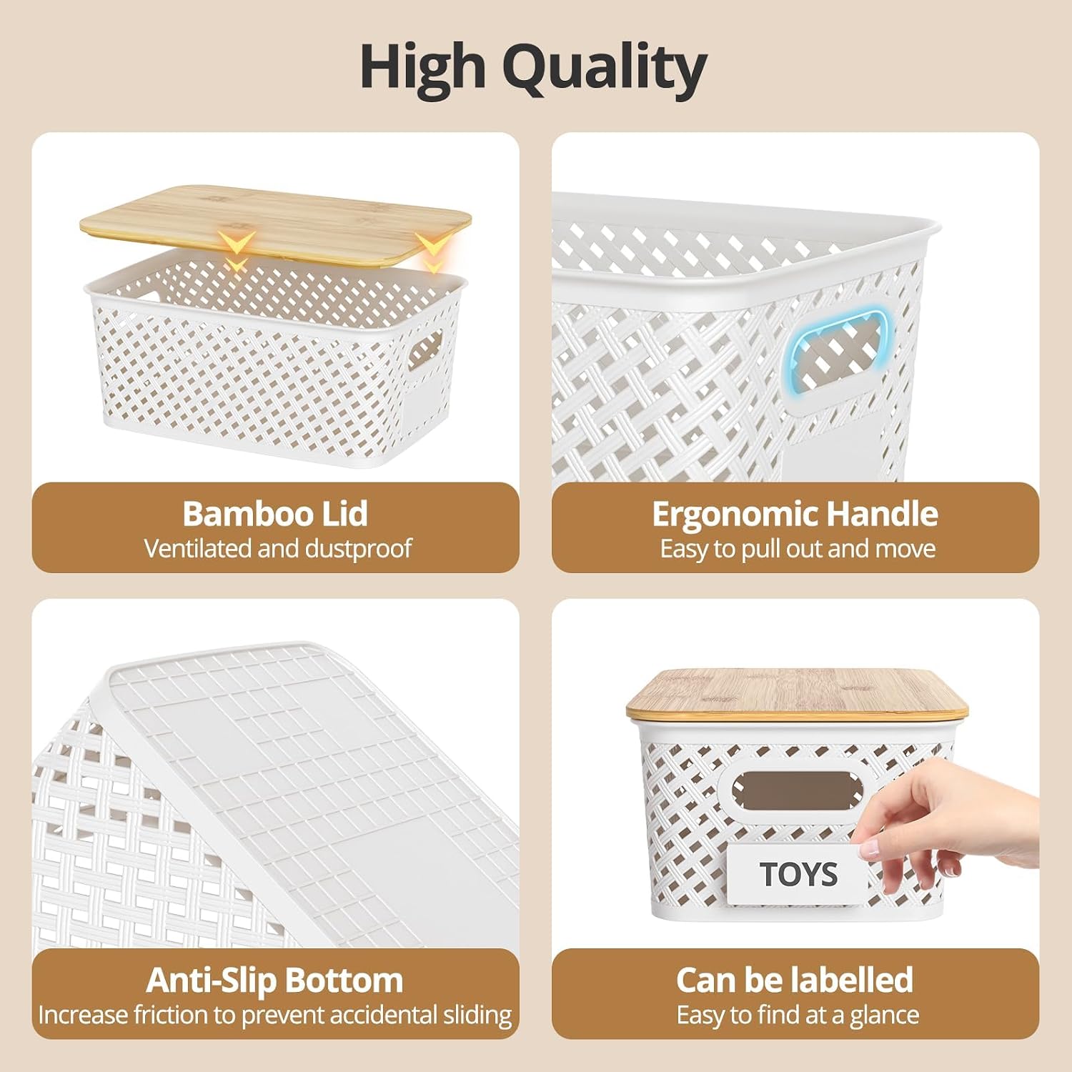 Stackable Plastic Storage Baskets with Bamboo Lid, 6-Pack, White - Image 4