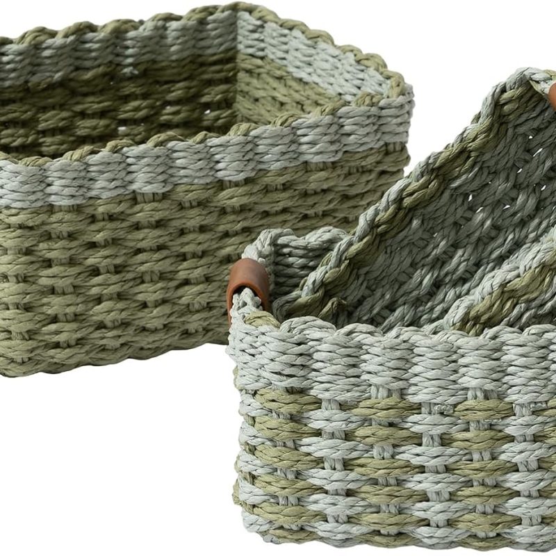 Small Wicker Baskets for Organizing, Recycled Paper Rope Storage Basket Set of 3, Sage and Light Green
