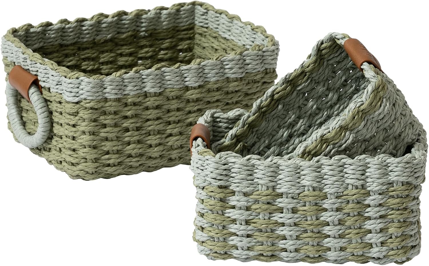 Small Wicker Baskets for Organizing, Recycled Paper Rope Storage Basket Set of 3, Sage and Light Green
