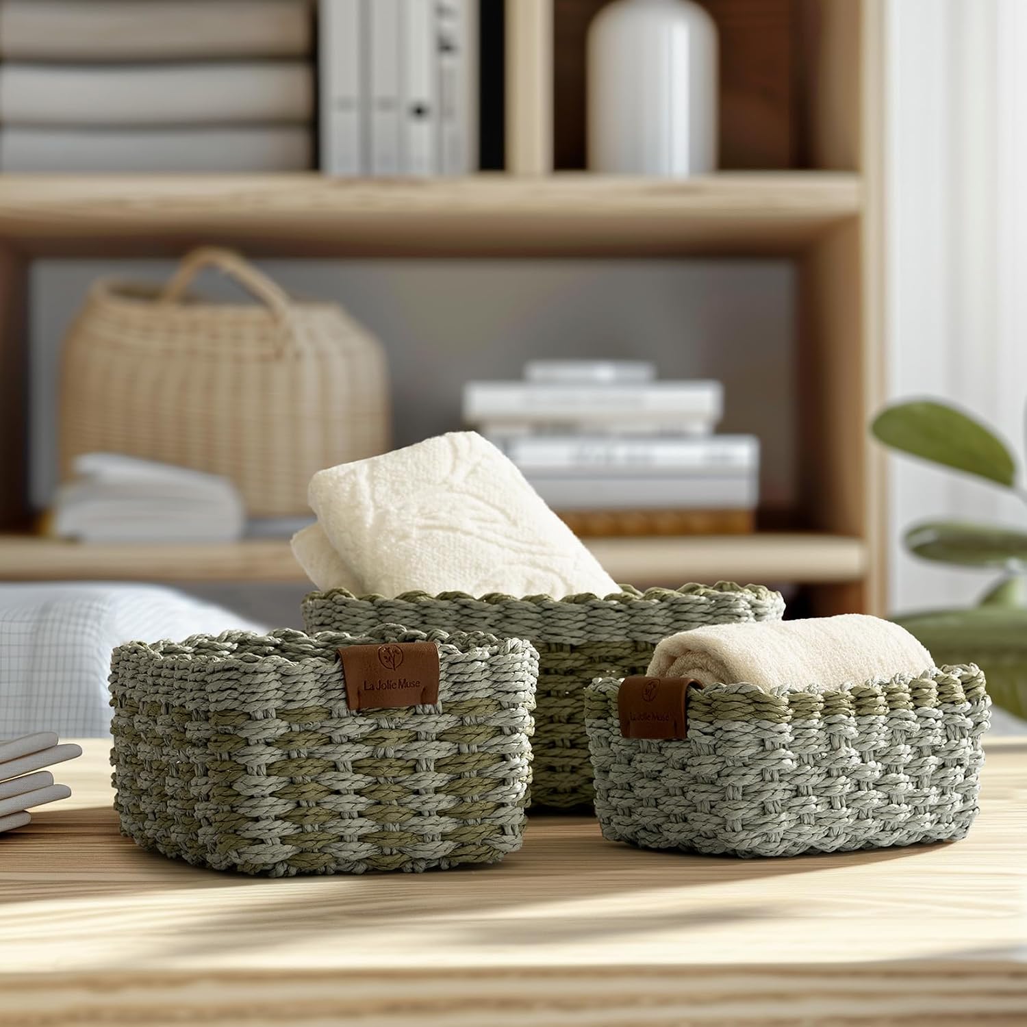 Small Wicker Baskets for Organizing, Recycled Paper Rope Storage Basket Set of 3, Sage and Light Green - Image 3