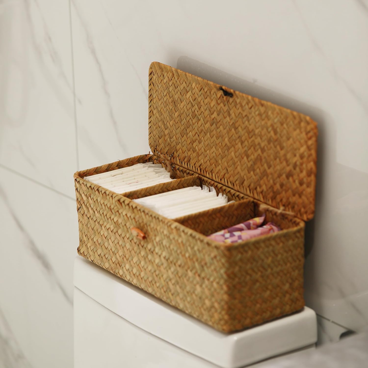 Small Woven Storage Basket with Lid, Rectangular with Sections for Organizing Snacks, Toys, Tampons - Image 7