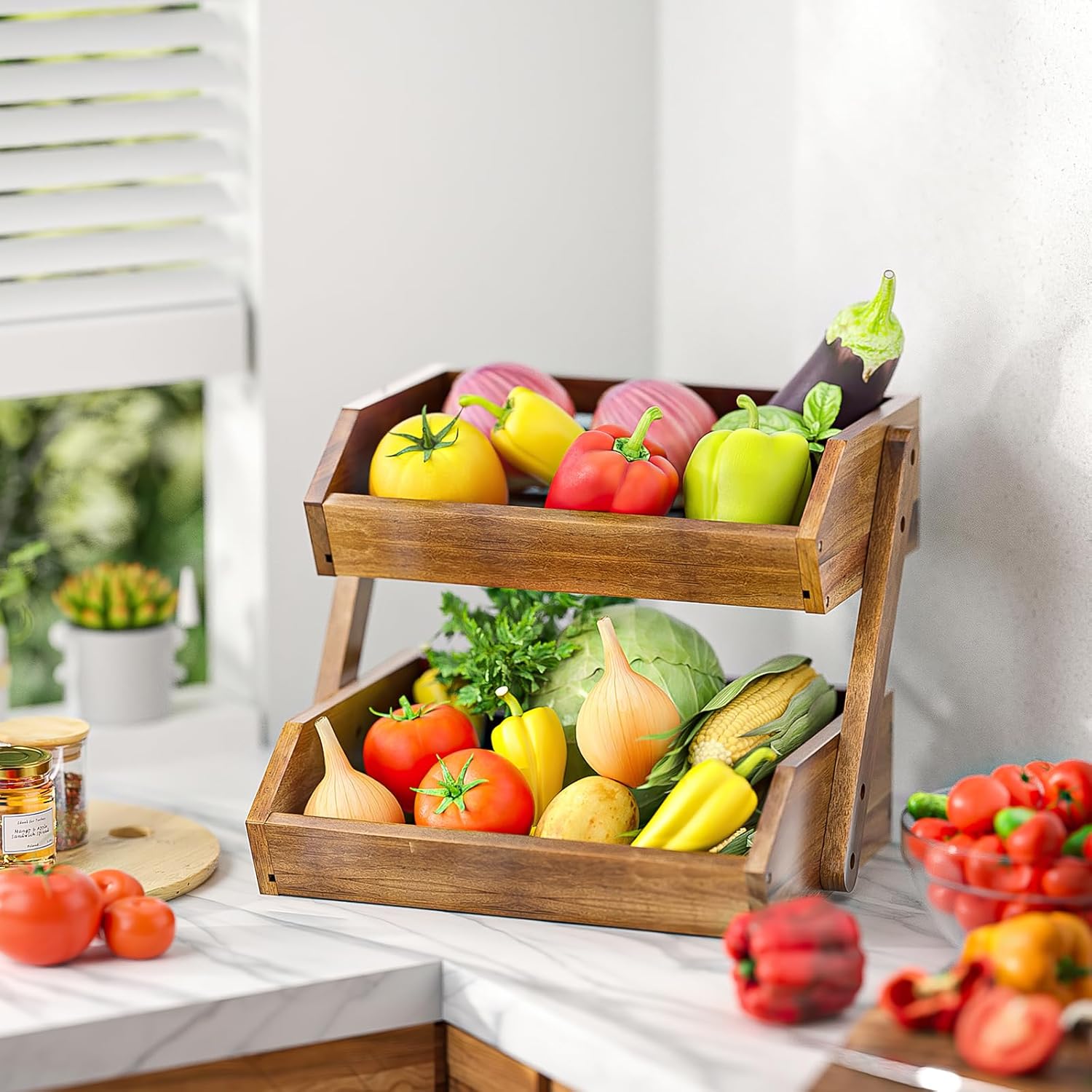 2-Tier Acacia Wood Fruit Basket Stand, Kitchen Countertop Storage Rack - Image 7