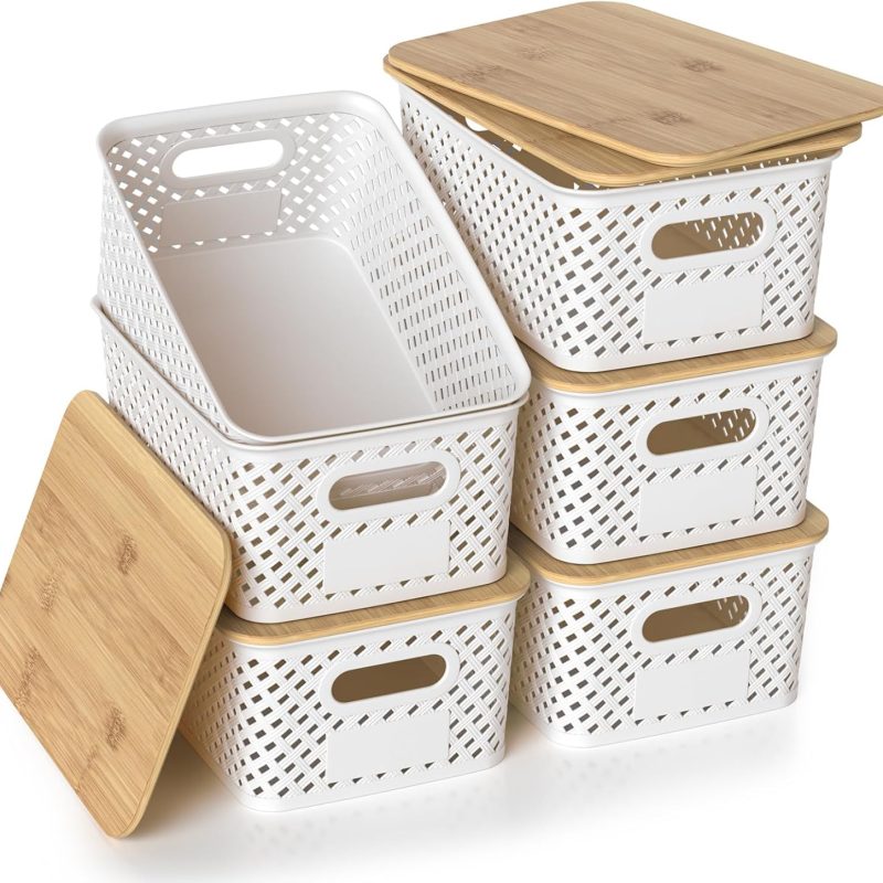Stackable Plastic Storage Baskets with Bamboo Lid, 6-Pack, White