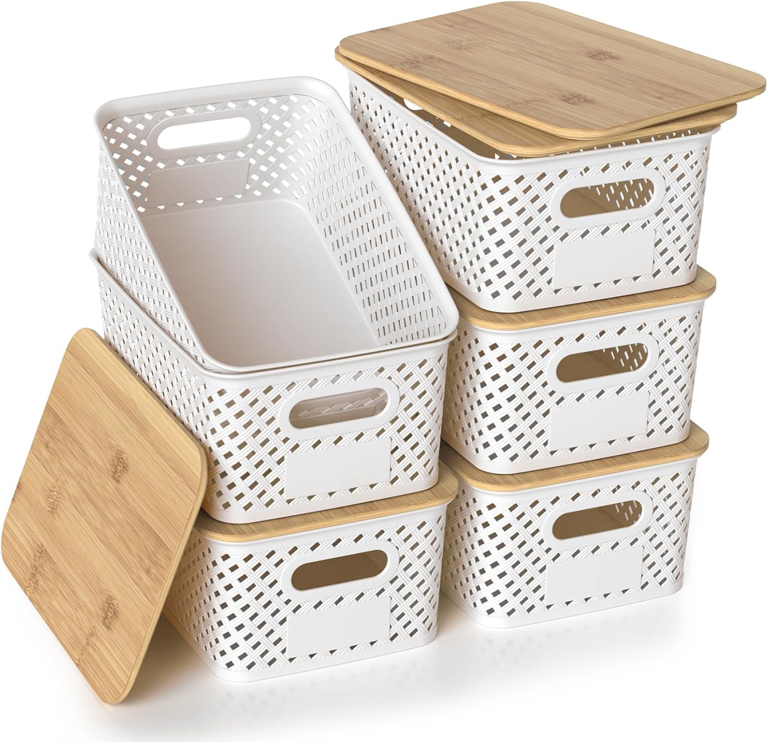 Stackable Plastic Storage Baskets with Bamboo Lid, 6-Pack, White