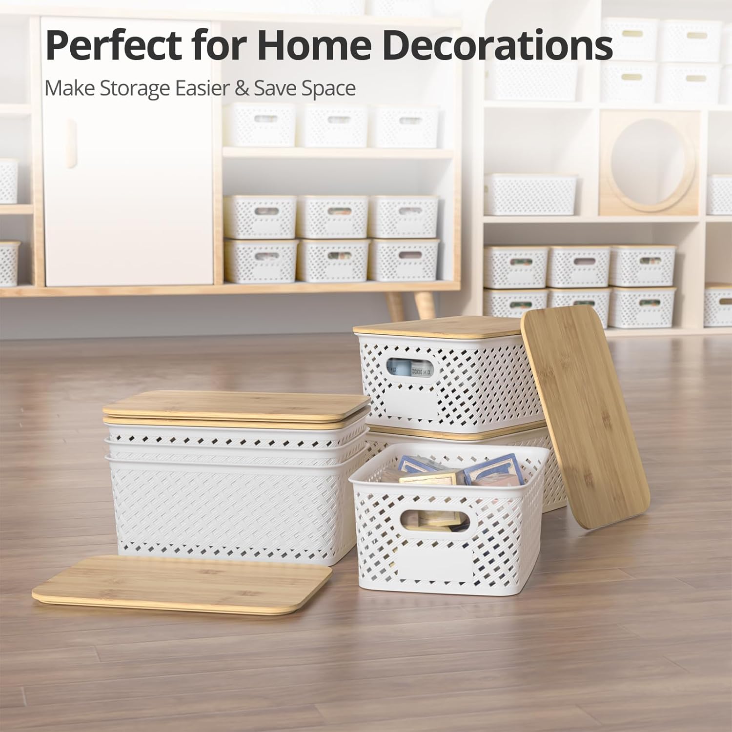 Stackable Plastic Storage Baskets with Bamboo Lid, 6-Pack, White - Image 2