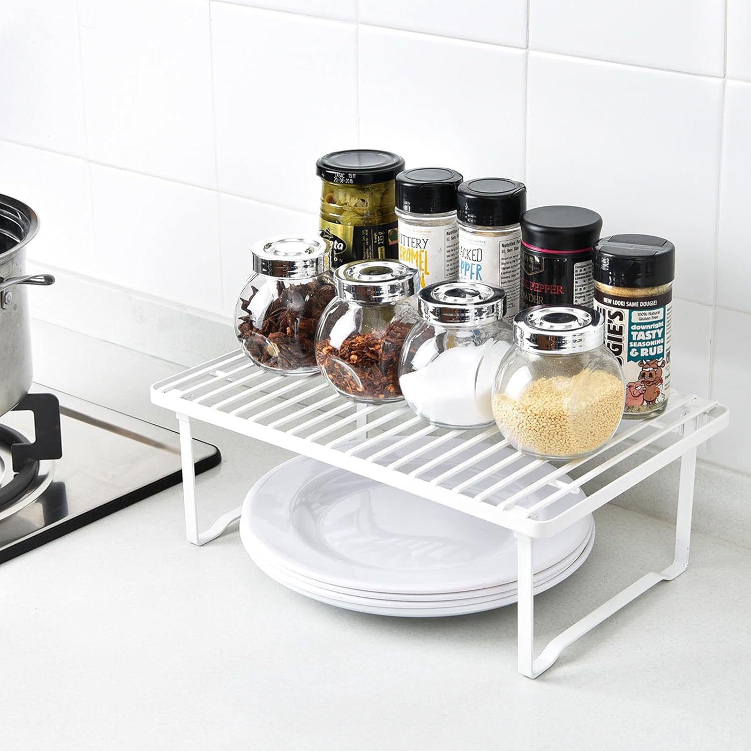 Stackable Kitchen Storage Shelves, Pack of 2, 20.3 x 31.6 x 11.4 cm, Metal, White - Image 2