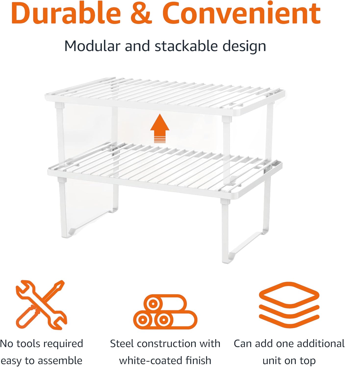 Stackable Kitchen Storage Shelves, Pack of 2, 20.3 x 31.6 x 11.4 cm, Metal, White - Image 3