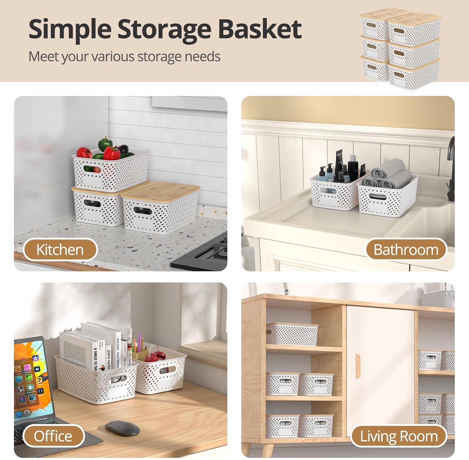Stackable Plastic Storage Baskets with Bamboo Lid, 6-Pack, White - Image 6