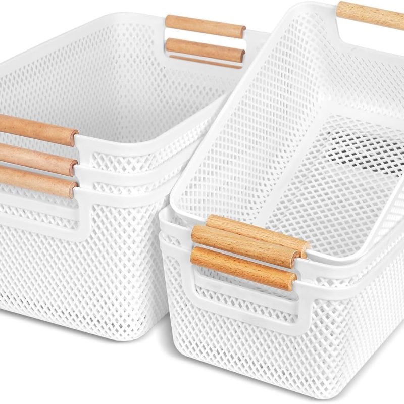 6 Pack White Plastic Storage Baskets with Wood Handles, 2 Sizes