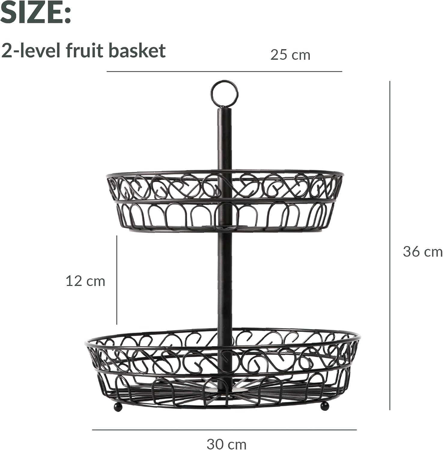 2-Tier Fruit Basket, Keeps Fruits & Vegetables Fresh, Vintage Metal Stand, Black (30 x 30 x 36 cm) - Image 9