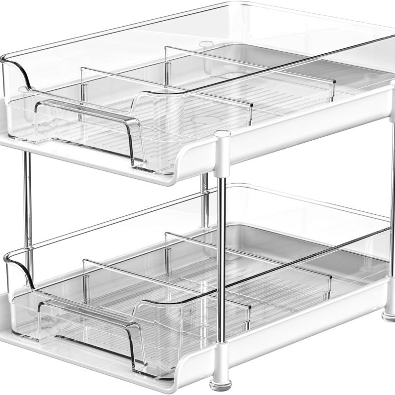 2-Tier Under Sink Sliding Organizer, Pull Out Storage for Kitchen, Bathroom, Skincare (White)