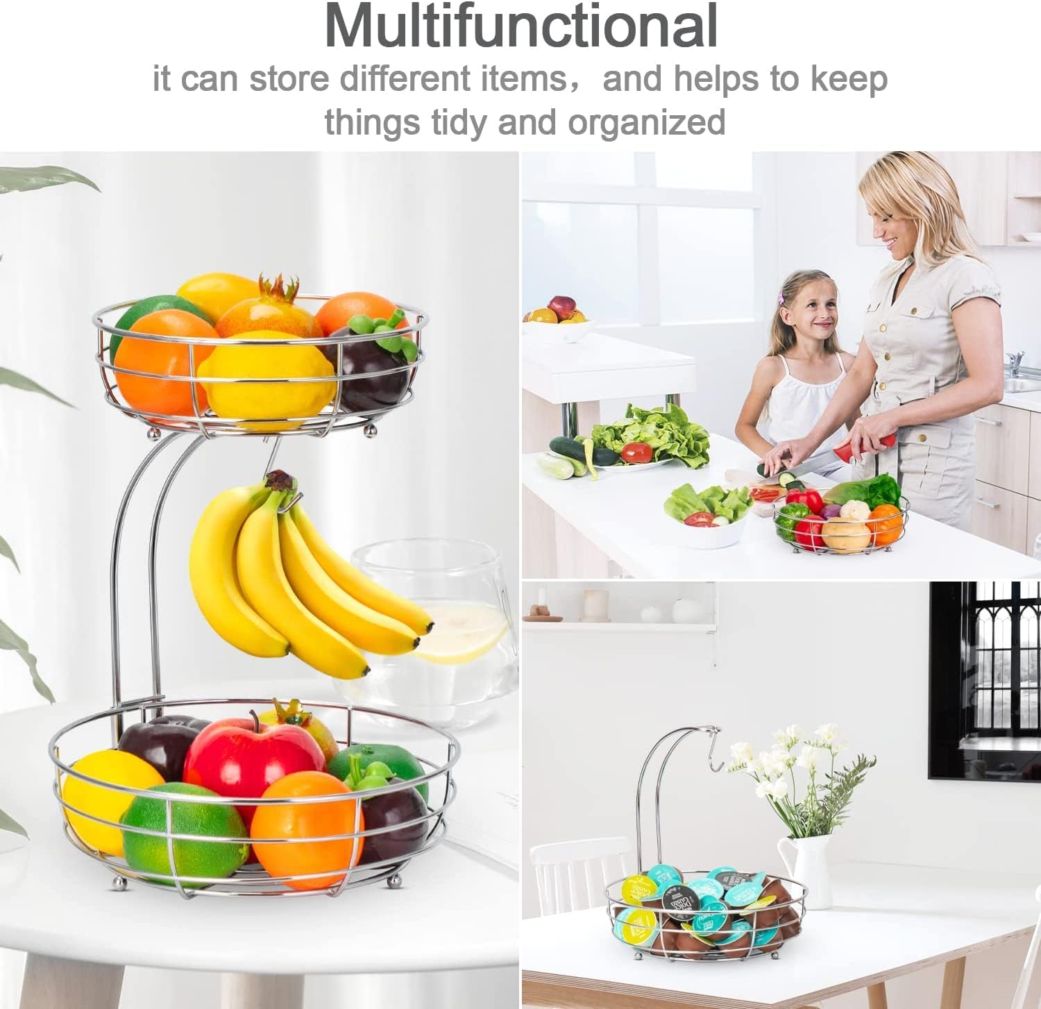2-Tier Detachable Fruit Basket with Banana Hanger, Metal Wire Storage Holder for Fruits, Vegetables, Bread & Snacks - Image 5