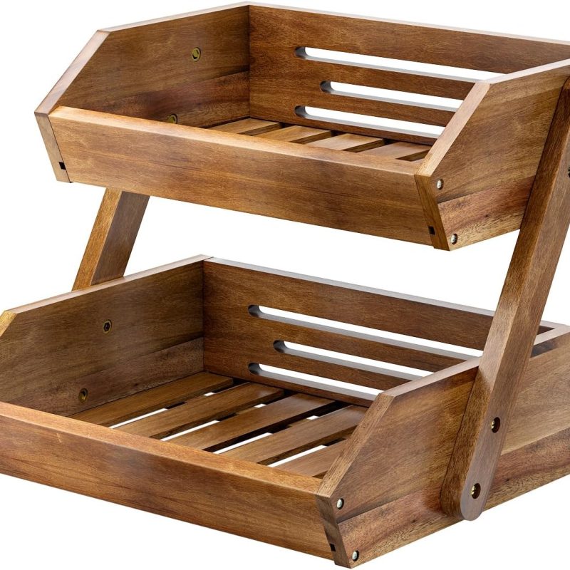2-Tier Acacia Wood Fruit Basket Stand, Kitchen Countertop Storage Rack