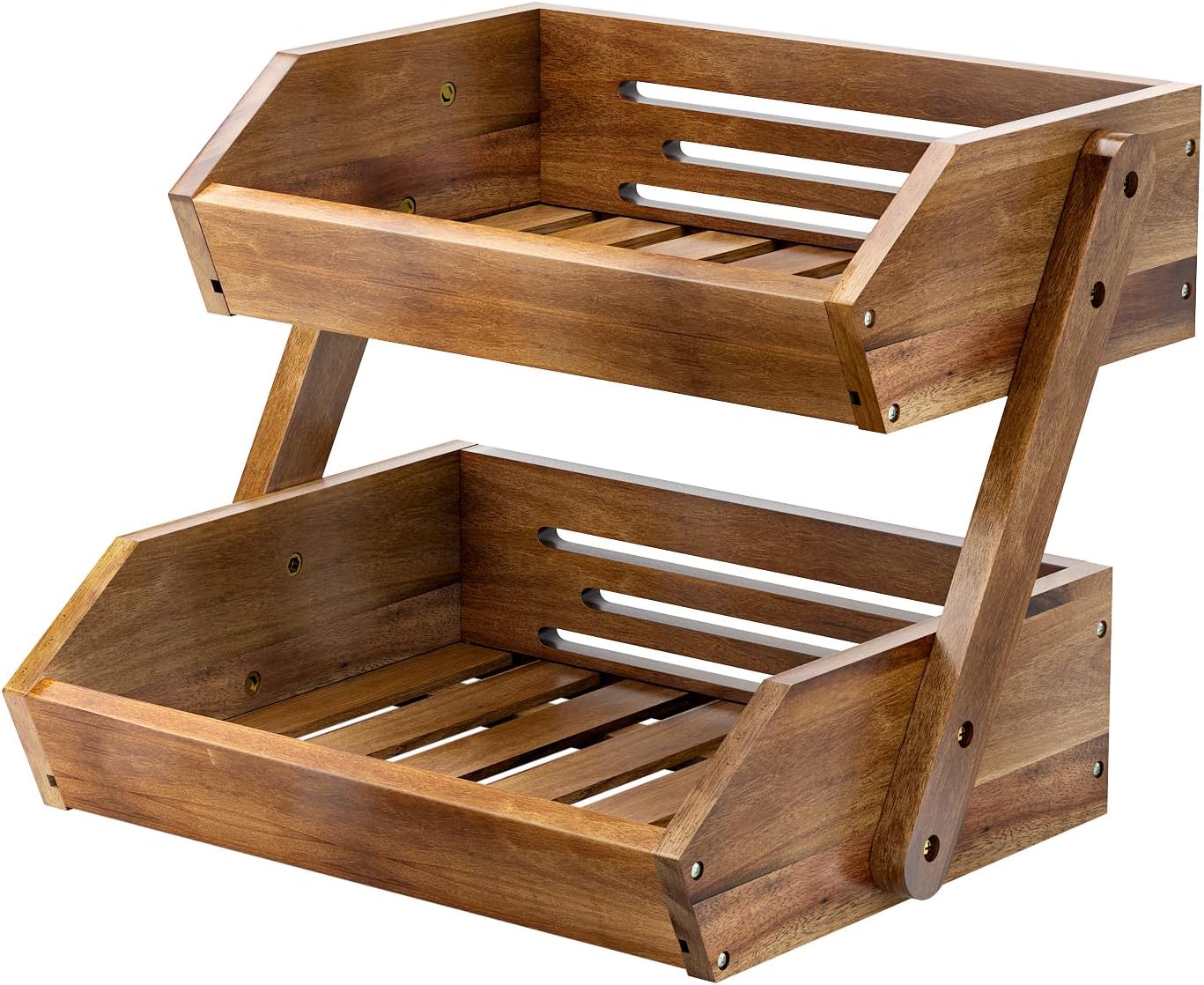 2-Tier Acacia Wood Fruit Basket Stand, Kitchen Countertop Storage Rack