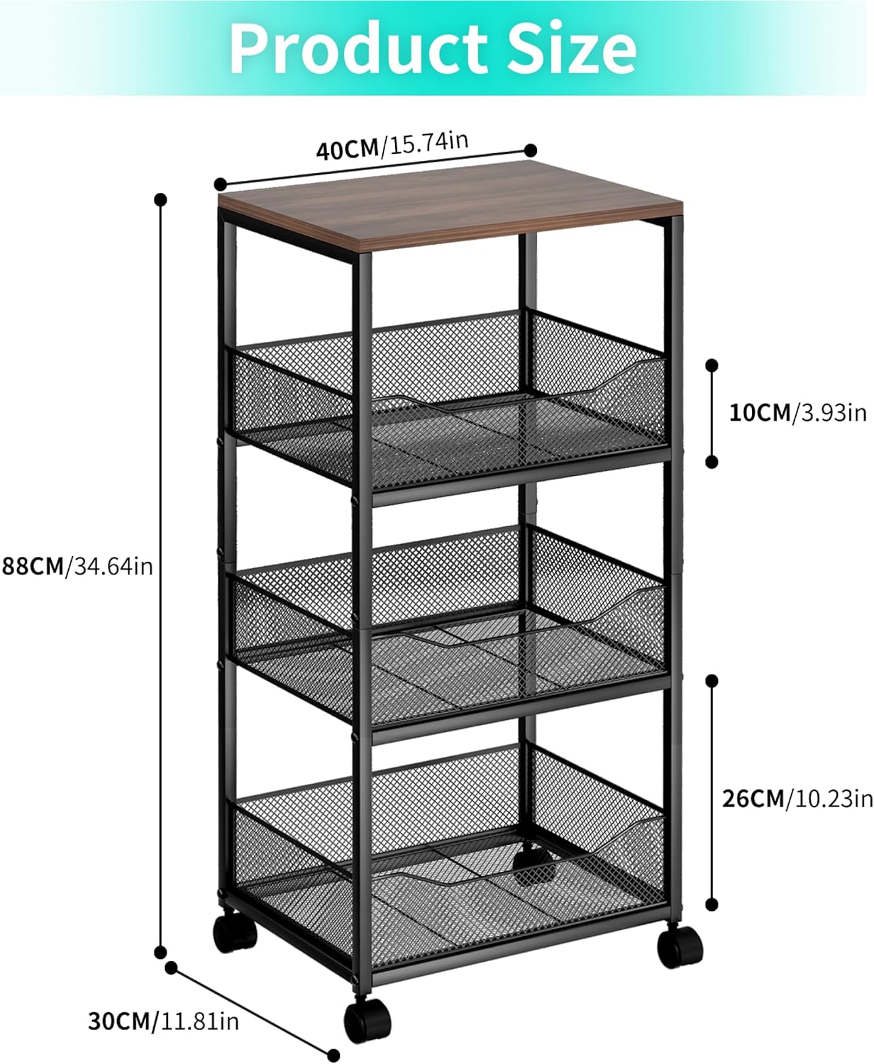 4-Tier Vegetable Storage Rack with Wheels, Wood Top Kitchen Trolley, Fruit & Vegetable Organizer - Image 7