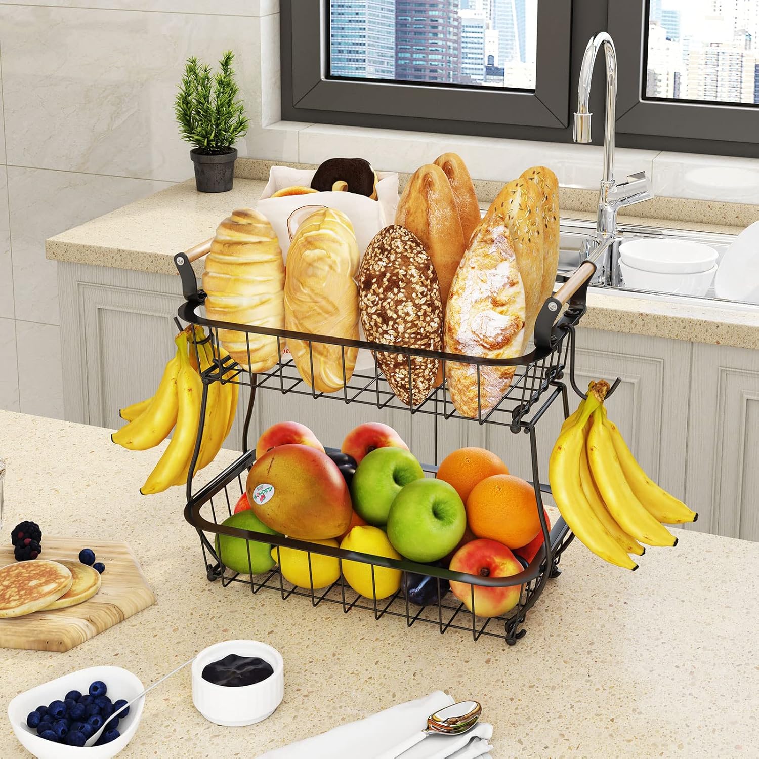 2-Tier Fruit Basket with 2 Banana Hangers, Metal Wire Storage Stand for Fruits, Bread, Snacks & Veggies, Black - Image 5