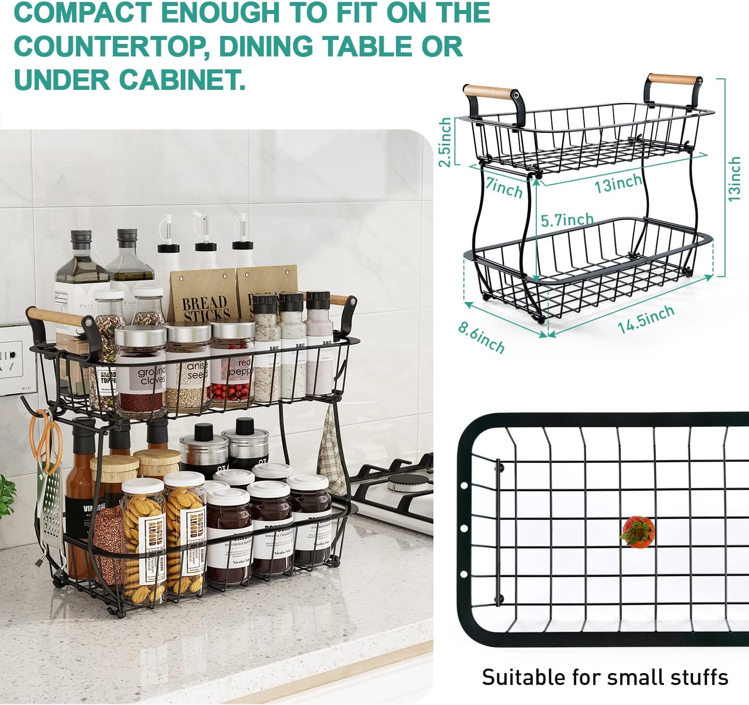 2-Tier Fruit Basket with 2 Banana Hangers, Metal Wire Storage Stand for Fruits, Bread, Snacks & Veggies, Black - Image 6