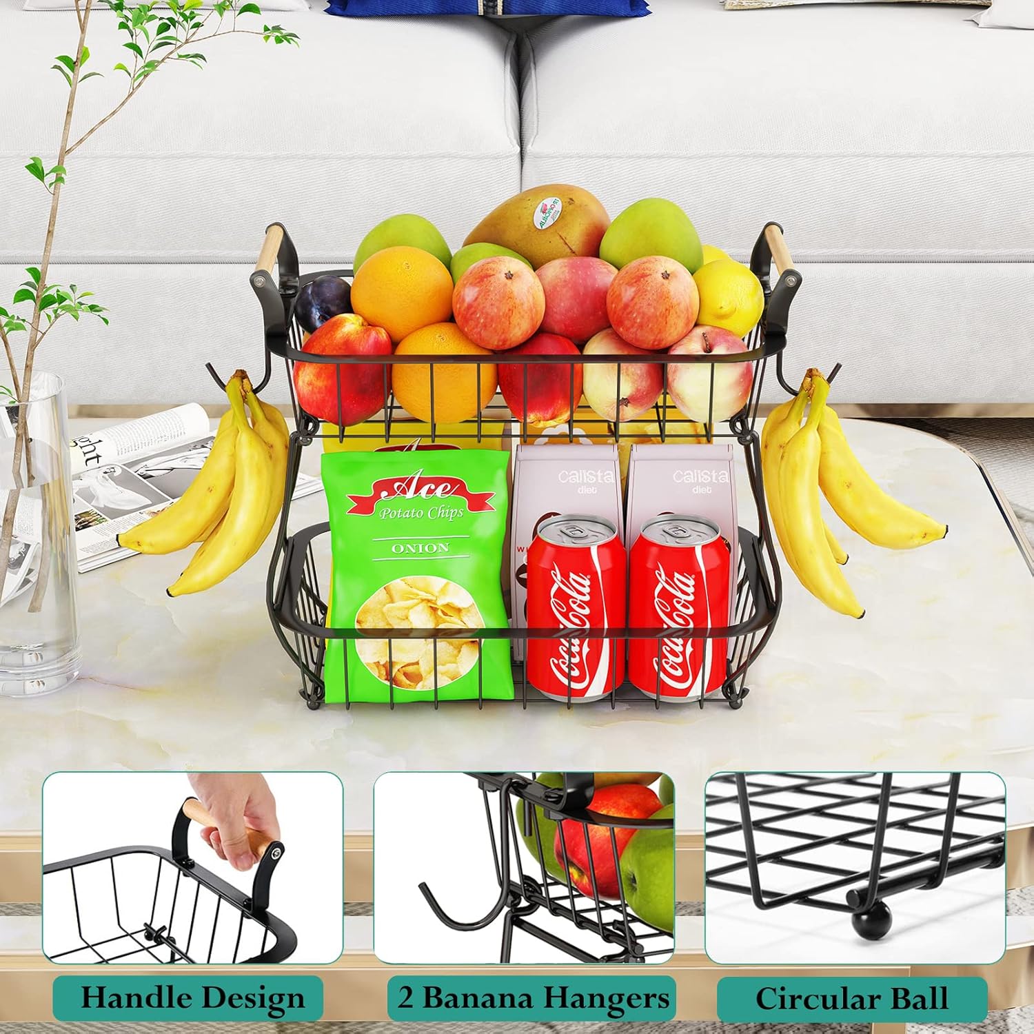 2-Tier Fruit Basket with 2 Banana Hangers, Metal Wire Storage Stand for Fruits, Bread, Snacks & Veggies, Black - Image 4