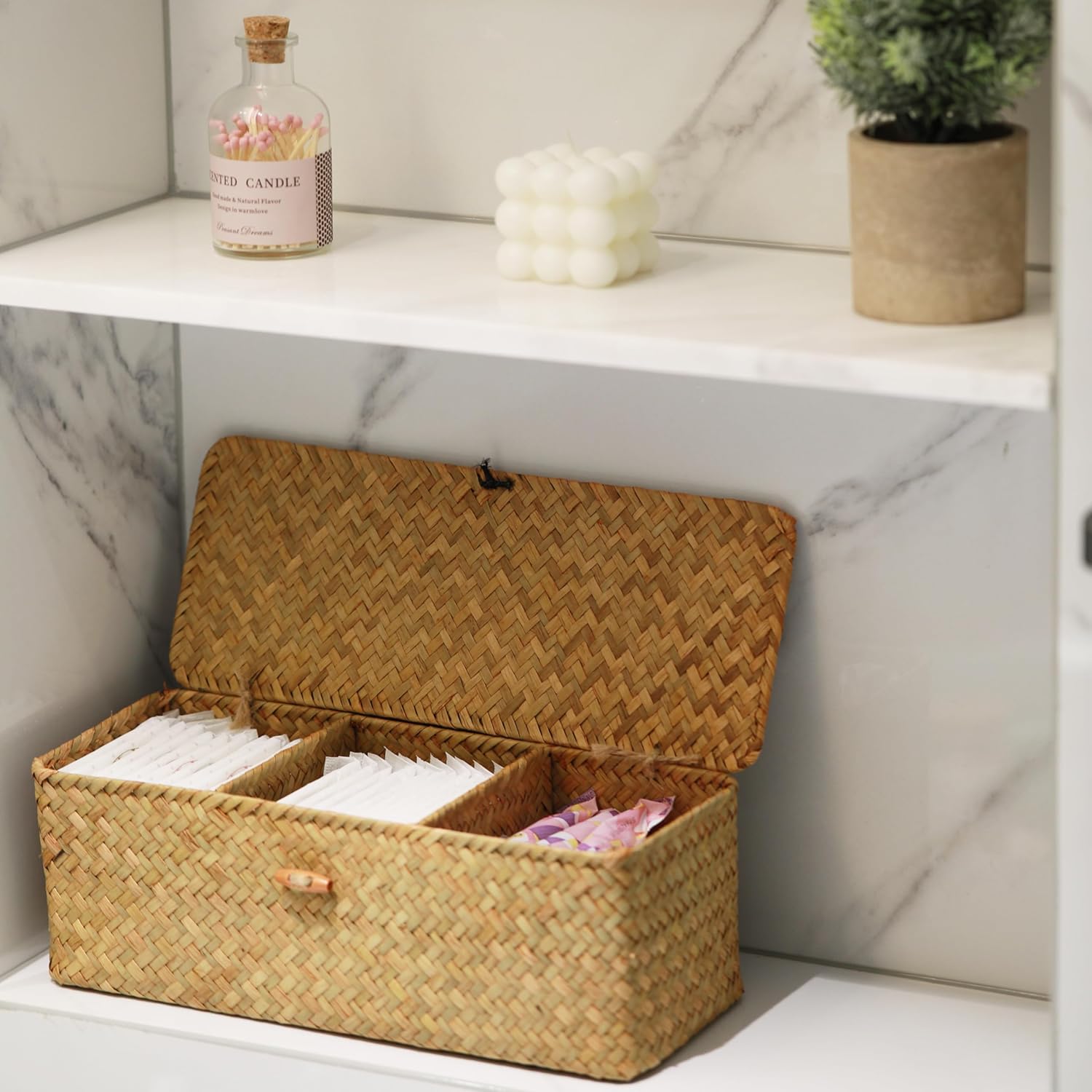 Small Woven Storage Basket with Lid, Rectangular with Sections for Organizing Snacks, Toys, Tampons - Image 8