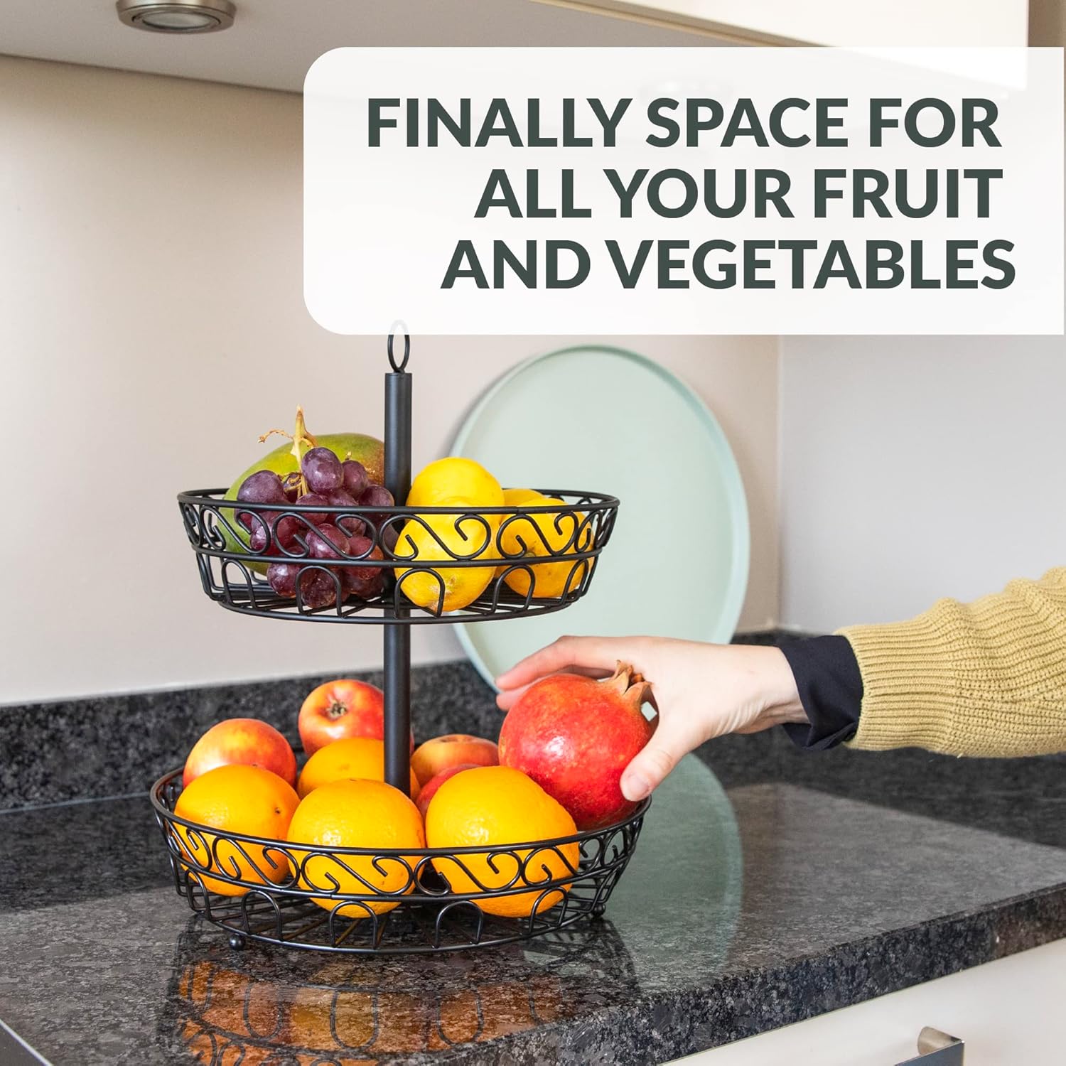2-Tier Fruit Basket, Keeps Fruits & Vegetables Fresh, Vintage Metal Stand, Black (30 x 30 x 36 cm) - Image 4