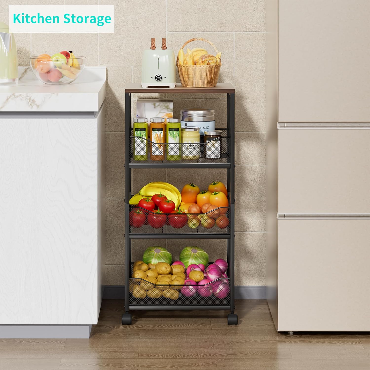4-Tier Vegetable Storage Rack with Wheels, Wood Top Kitchen Trolley, Fruit & Vegetable Organizer - Image 8