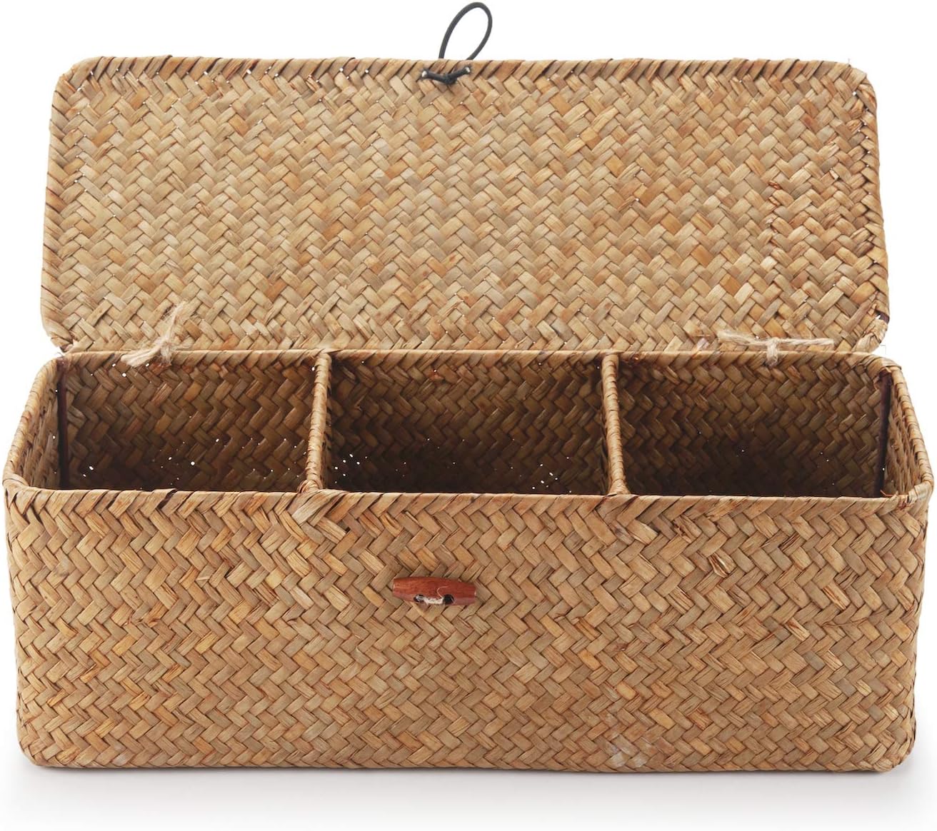 Small Woven Storage Basket with Lid, Rectangular with Sections for Organizing Snacks, Toys, Tampons - Image 2