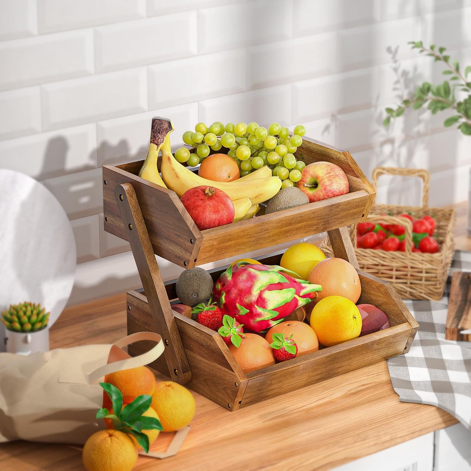 2-Tier Acacia Wood Fruit Basket Stand, Kitchen Countertop Storage Rack - Image 2