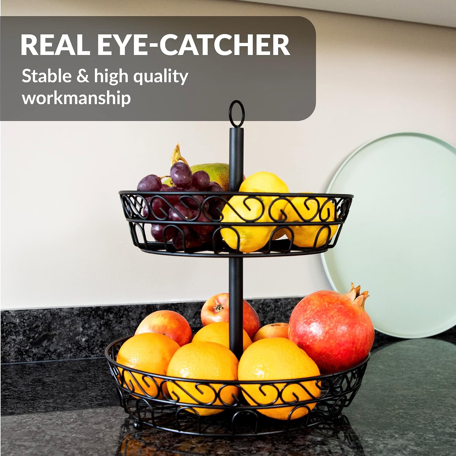 2-Tier Fruit Basket, Keeps Fruits & Vegetables Fresh, Vintage Metal Stand, Black (30 x 30 x 36 cm) - Image 3