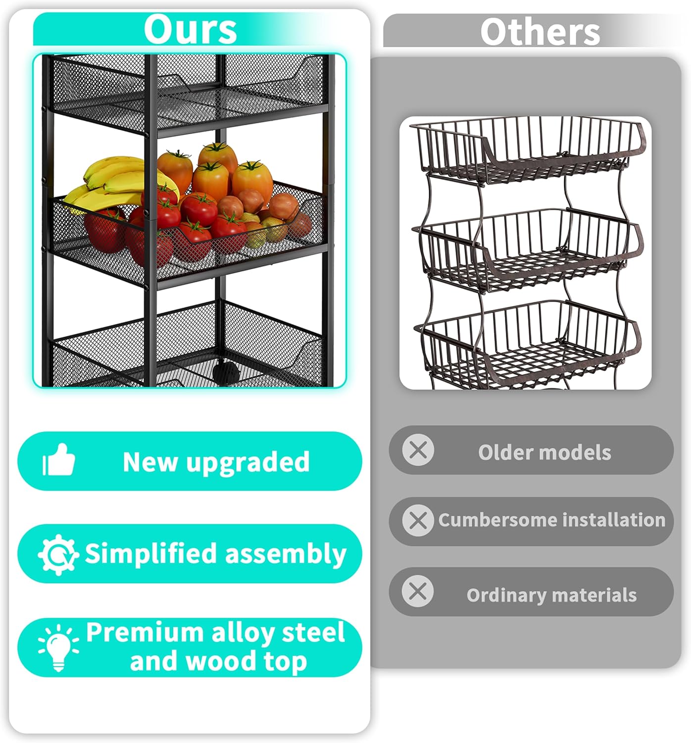 4-Tier Vegetable Storage Rack with Wheels, Wood Top Kitchen Trolley, Fruit & Vegetable Organizer - Image 4