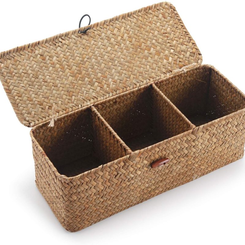 Small Woven Storage Basket with Lid, Rectangular with Sections for Organizing Snacks, Toys, Tampons