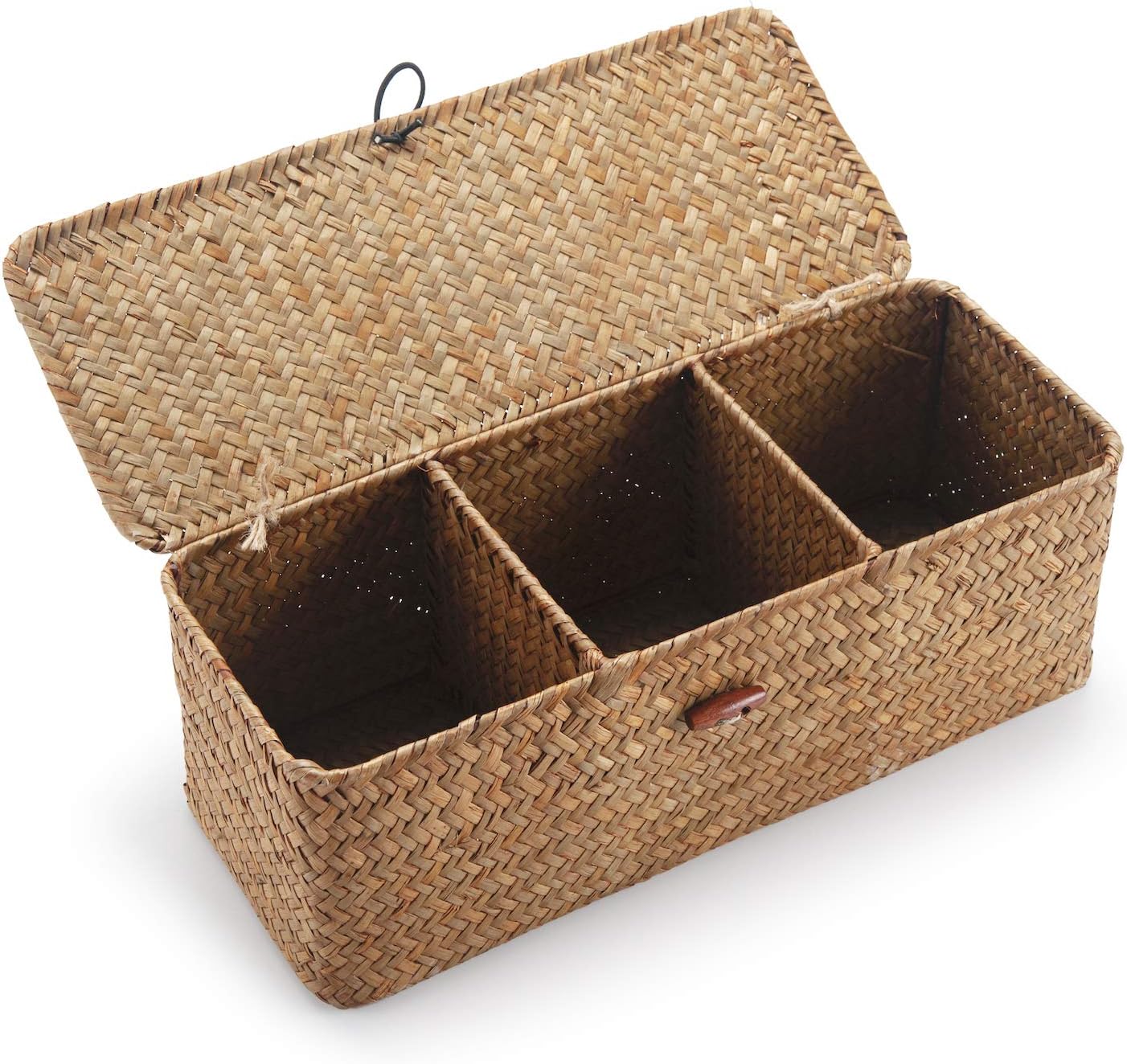 Small Woven Storage Basket with Lid, Rectangular with Sections for Organizing Snacks, Toys, Tampons